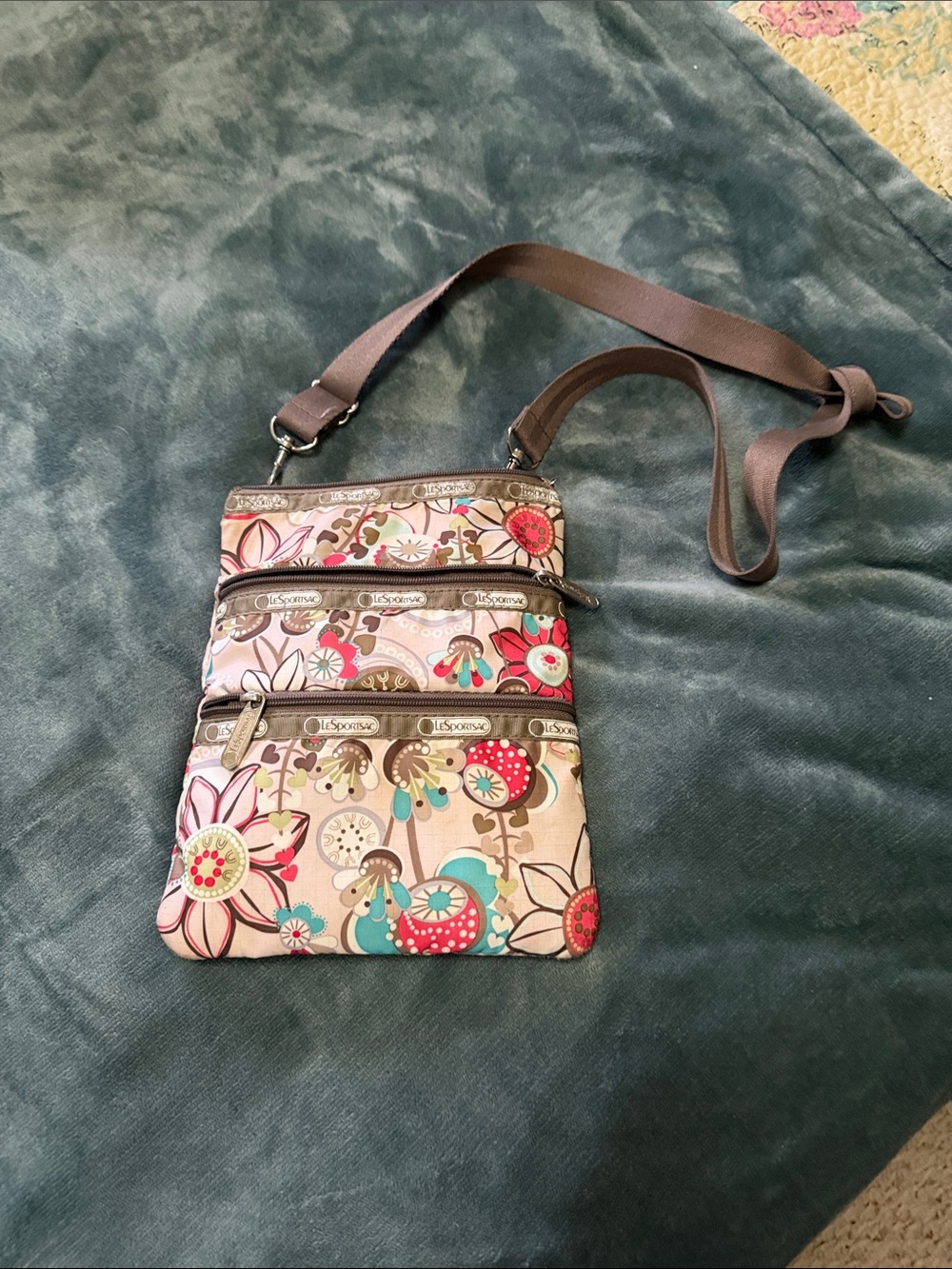 LeSportsac Beige Floral Crossbody with Pink, Red & Teal Accents